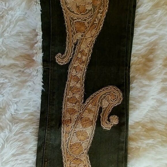 Tracy Reese Boho Paisley Jeans Olive W/ Gold Brocade Paisley RARE  VINTAGE & NEW - Picture 4 of 6